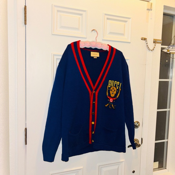 Vintage Authentic Gucci Alien Mascot Oversized Navy Blue Cardigan Mohair Cotton - Picture 9 of 12